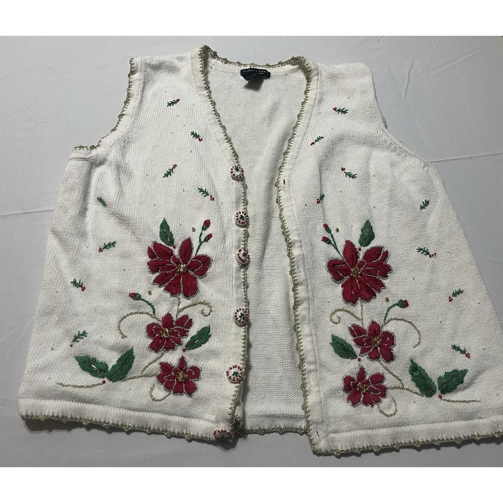 Women's Reference Point White 2XL Sweater Vest W/Poinsettias And Beads VTG